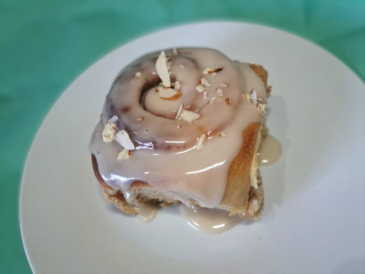 Honey pecan glazed cinnabun on a plate